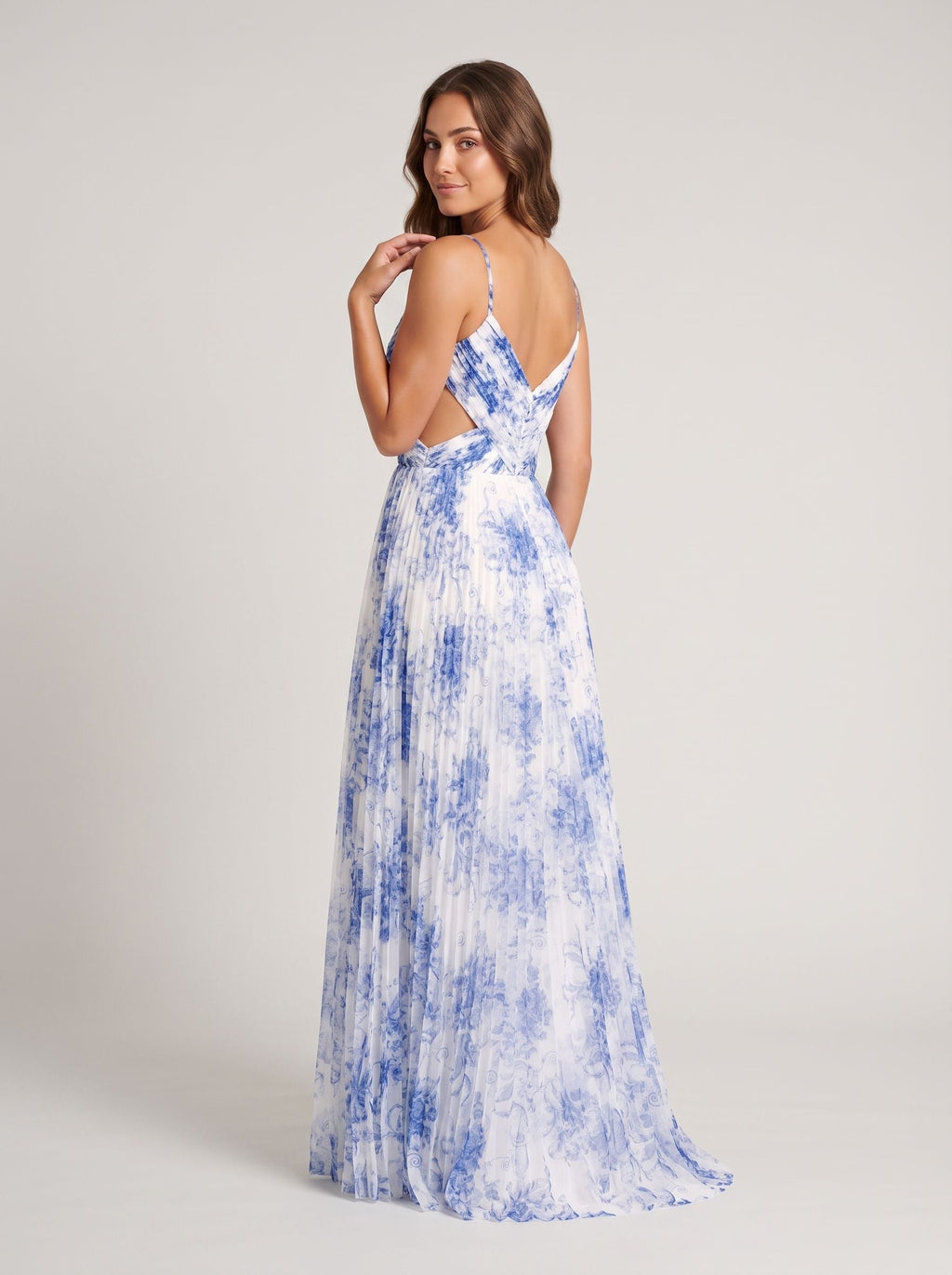 Blue Print Chiffon A-Line V-Neck V-Back Floor-Length Dress with Sheer Side Cutouts and Slit - Curvevia