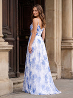 Blue Print Chiffon A-Line V-Neck V-Back Floor-Length Dress with Sheer Side Cutouts and Slit - Curvevia