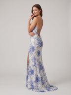 Blue Print Lace Sheath V-Neck Lace-up Floor-Length Dress with Leg Slit - Curvevia