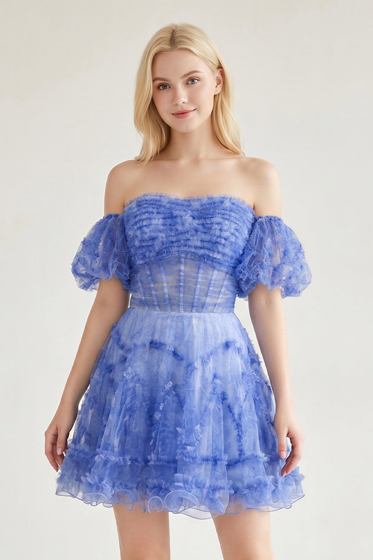 Blue Puff Sleeves Ruffles A-line Prints Wedding Guest Dress - Curvevia