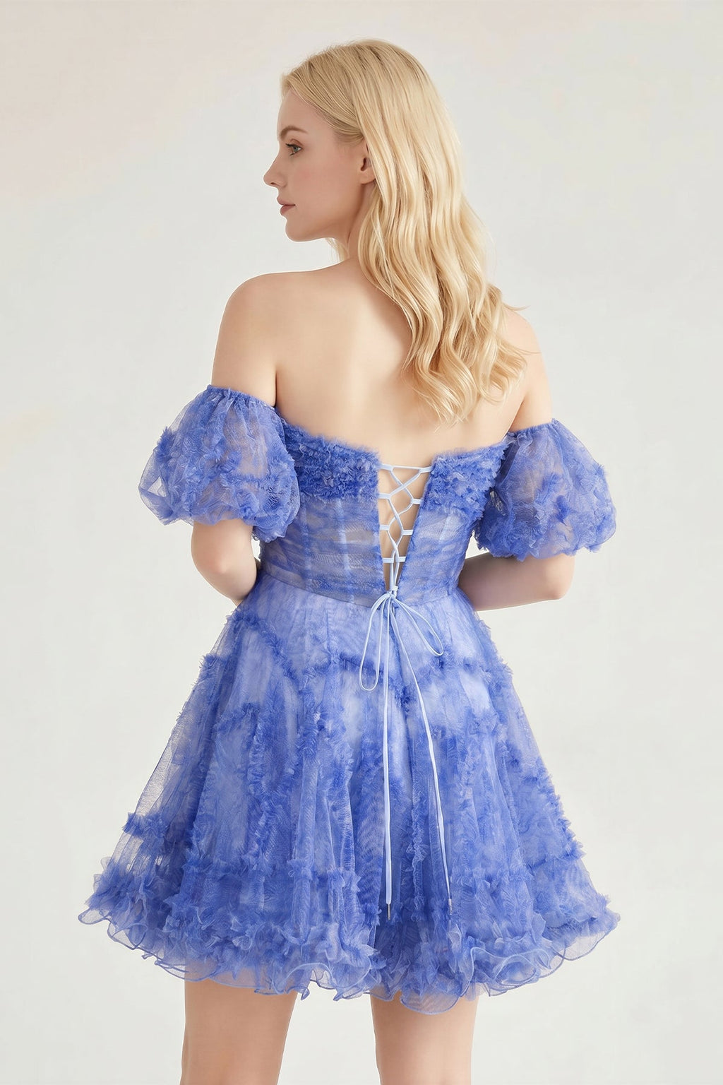 Blue Puff Sleeves Ruffles A-line Prints Wedding Guest Dress - Curvevia