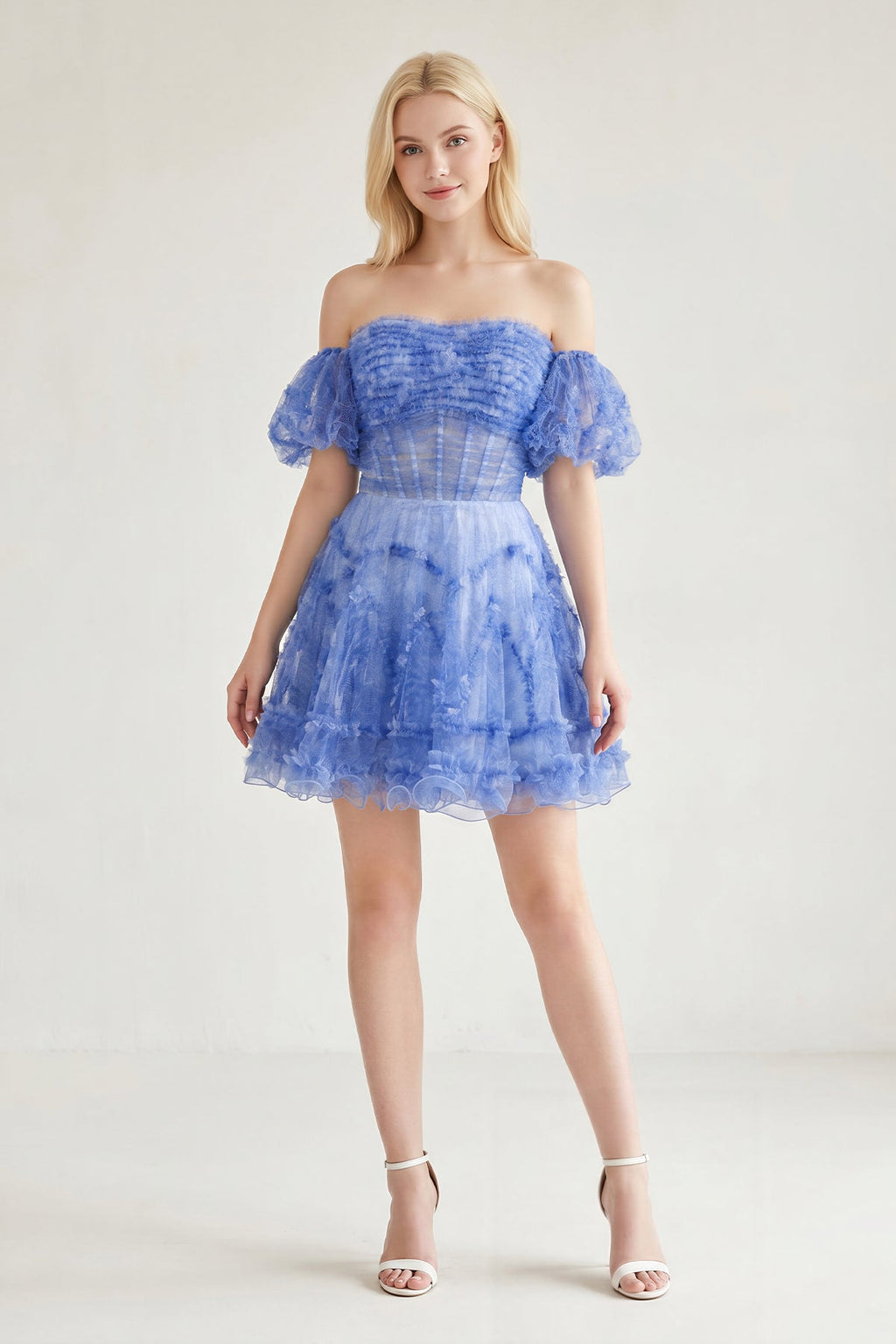Blue Puff Sleeves Ruffles A-line Prints Wedding Guest Dress - Curvevia