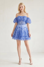 Blue Puff Sleeves Ruffles A-line Prints Wedding Guest Dress - Curvevia