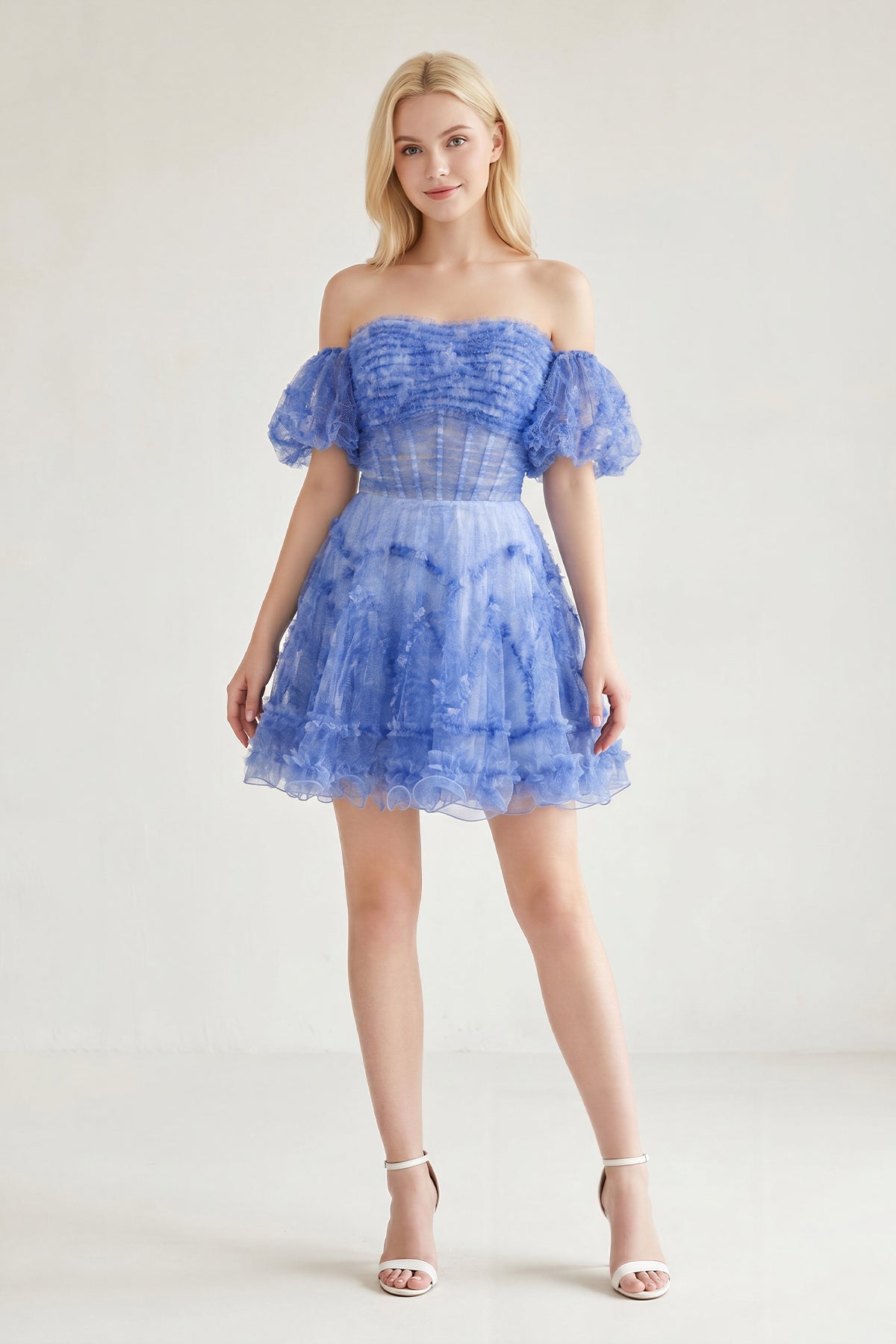 Blue Puff Sleeves Ruffles A-line Prints Wedding Guest Dress - Curvevia