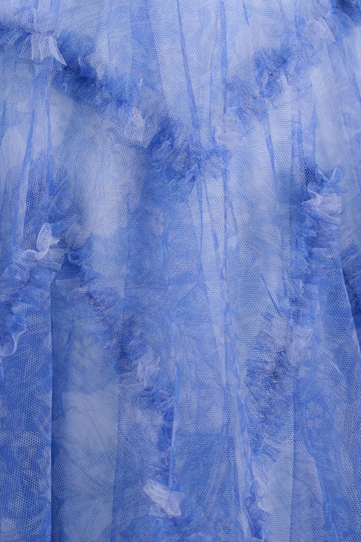 Blue Puff Sleeves Ruffles A-line Prints Wedding Guest Dress - Curvevia