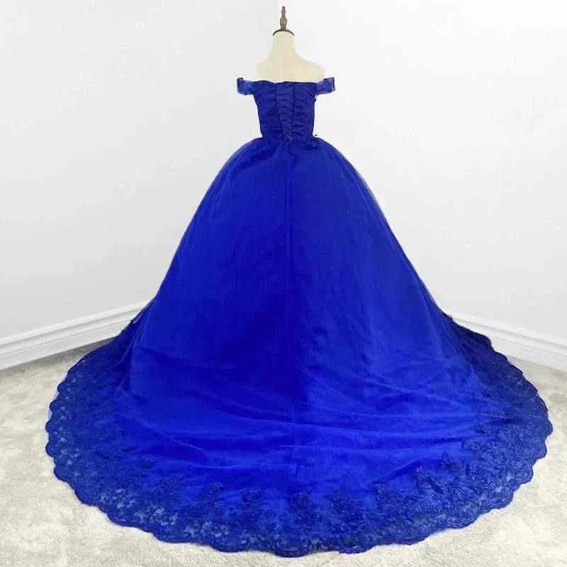 Royal Blue Lace Off the Shoulder Quinceanera Dresses with Flowers - Curvevia