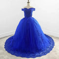 Royal Blue Lace Off the Shoulder Quinceanera Dresses with Flowers - Curvevia