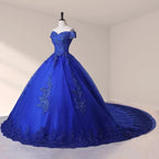 Royal Blue Lace Off the Shoulder Quinceanera Dresses with Flowers - Curvevia