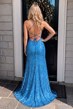 Mermaid Spaghetti Straps Blue Sequins Lace Long Evening Dress with Slit - Curvevia