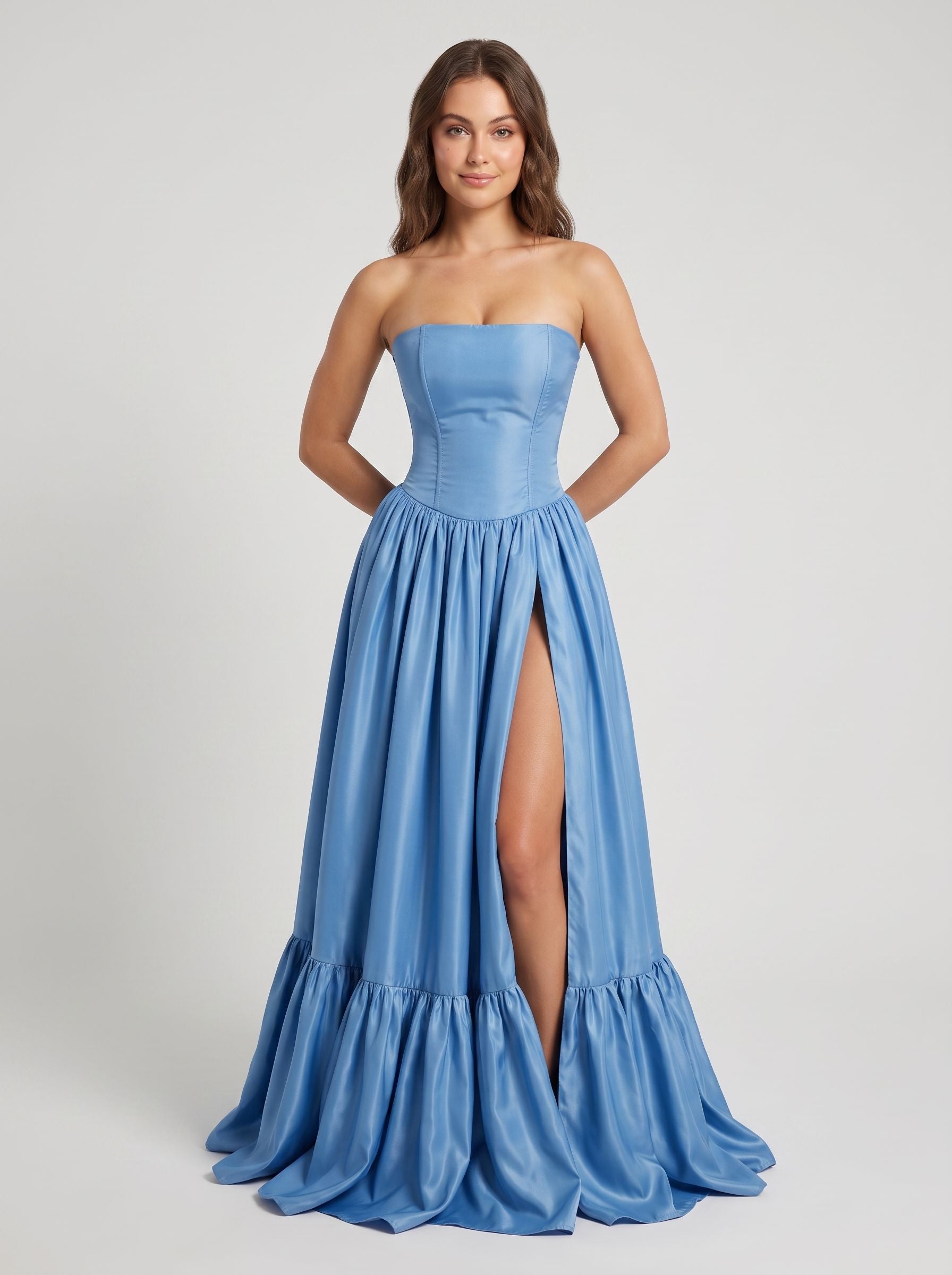 Steel Blue Satin A-Line Straight Neck Back Zip Floor-Length Dress with Split Front - Curvevia