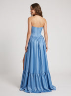 Steel Blue Satin A-Line Straight Neck Back Zip Floor-Length Dress with Split Front - Curvevia