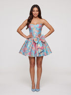 Blue Jacquard A-Line Straight Neck Back Zip Short Dress with Bow - Curvevia