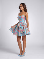 Blue Jacquard A-Line Straight Neck Back Zip Short Dress with Bow - Curvevia