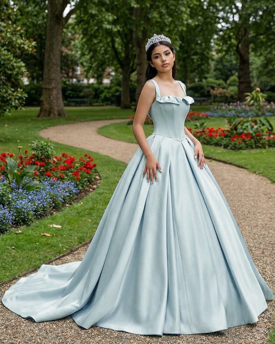 Sky Blue Satin Long Ball Gown Quinceanera Dresses - Curvevia