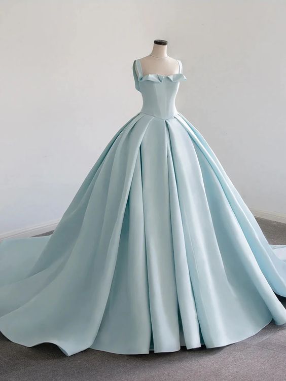 Sky Blue Satin Long Ball Gown Quinceanera Dresses - Curvevia