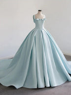 Sky Blue Satin Long Ball Gown Quinceanera Dresses - Curvevia