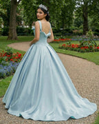 Sky Blue Satin Long Ball Gown Quinceanera Dresses - Curvevia