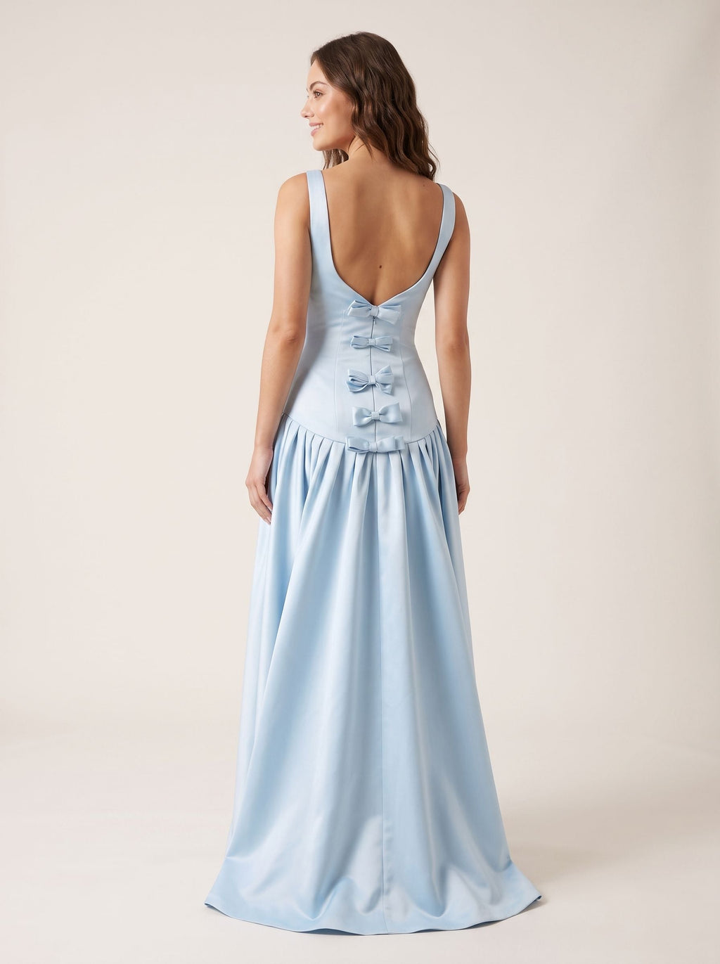 Sky Blue Satin Mermaid Square Neck Backless Floor-Length Dress with an Oversized Bow - Curvevia