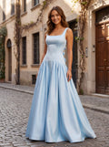 Sky Blue Satin Mermaid Square Neck Backless Floor-Length Dress with an Oversized Bow - Curvevia