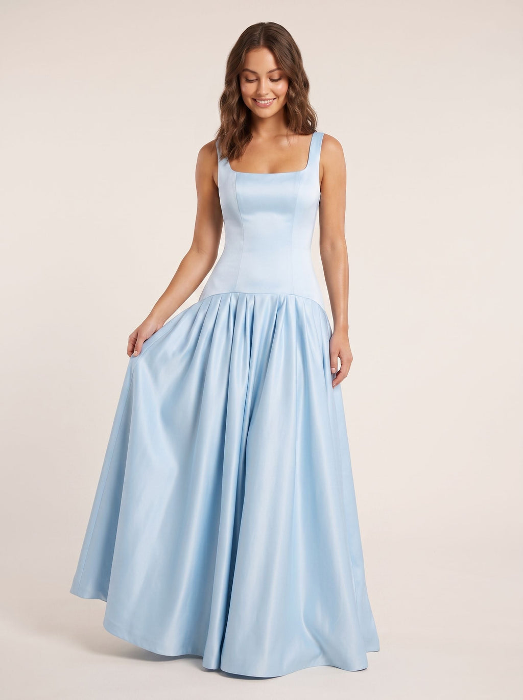 Sky Blue Satin Mermaid Square Neck Backless Floor-Length Dress with an Oversized Bow - Curvevia
