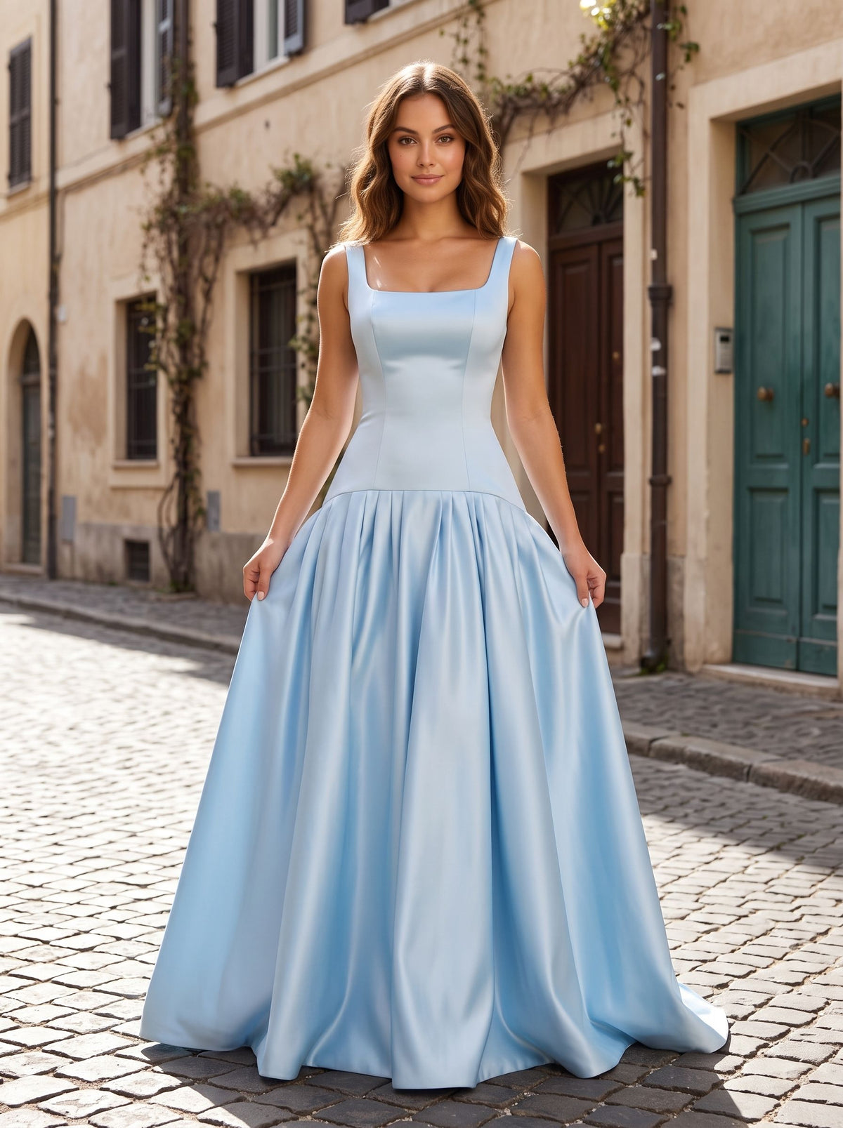 Sky Blue Satin Mermaid Square Neck Backless Floor-Length Dress with an Oversized Bow - Curvevia