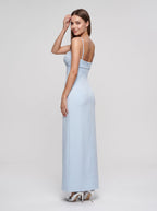 Sky Blue Satin Column V-Neck Backless Floor-Length Dress with Lace Cups - Curvevia