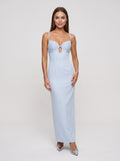 Sky Blue Satin Column V-Neck Backless Floor-Length Dress with Lace Cups - Curvevia
