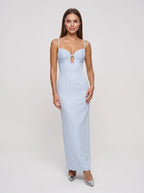 Sky Blue Satin Column V-Neck Backless Floor-Length Dress with Lace Cups - Curvevia