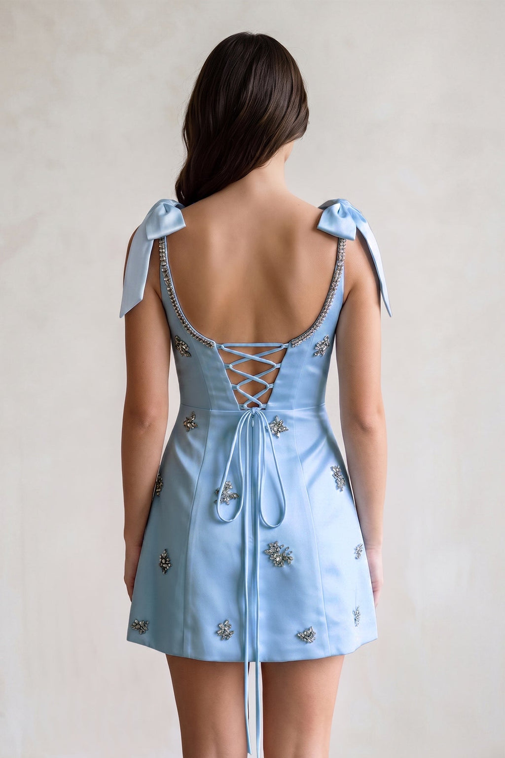 White Scoop Neck A-Line Satin Beaded Homecoming Dress with Bow - Curvevia