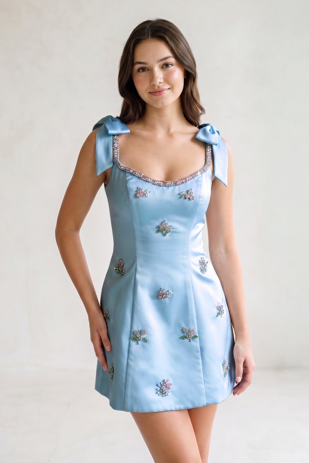 White Scoop Neck A-Line Satin Beaded Homecoming Dress with Bow - Curvevia