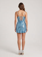 Blue Sequins A-Line Straight Neck Lace-up Short Dress with Ruffled Hem - Curvevia
