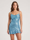 Blue Sequins A-Line Straight Neck Lace-up Short Dress with Ruffled Hem - Curvevia