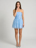 Blue Sequins A-Line Straight Neck Side Zip Short Dress with Gathered Bodice - Curvevia