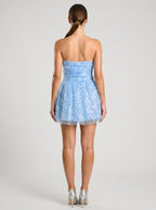 Blue Sequins A-Line Straight Neck Side Zip Short Dress with Gathered Bodice - Curvevia