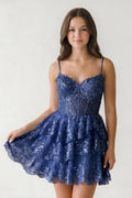 A- Line Sky Blue Sequins Multi-Layers Short Homecoming Dress - Curvevia