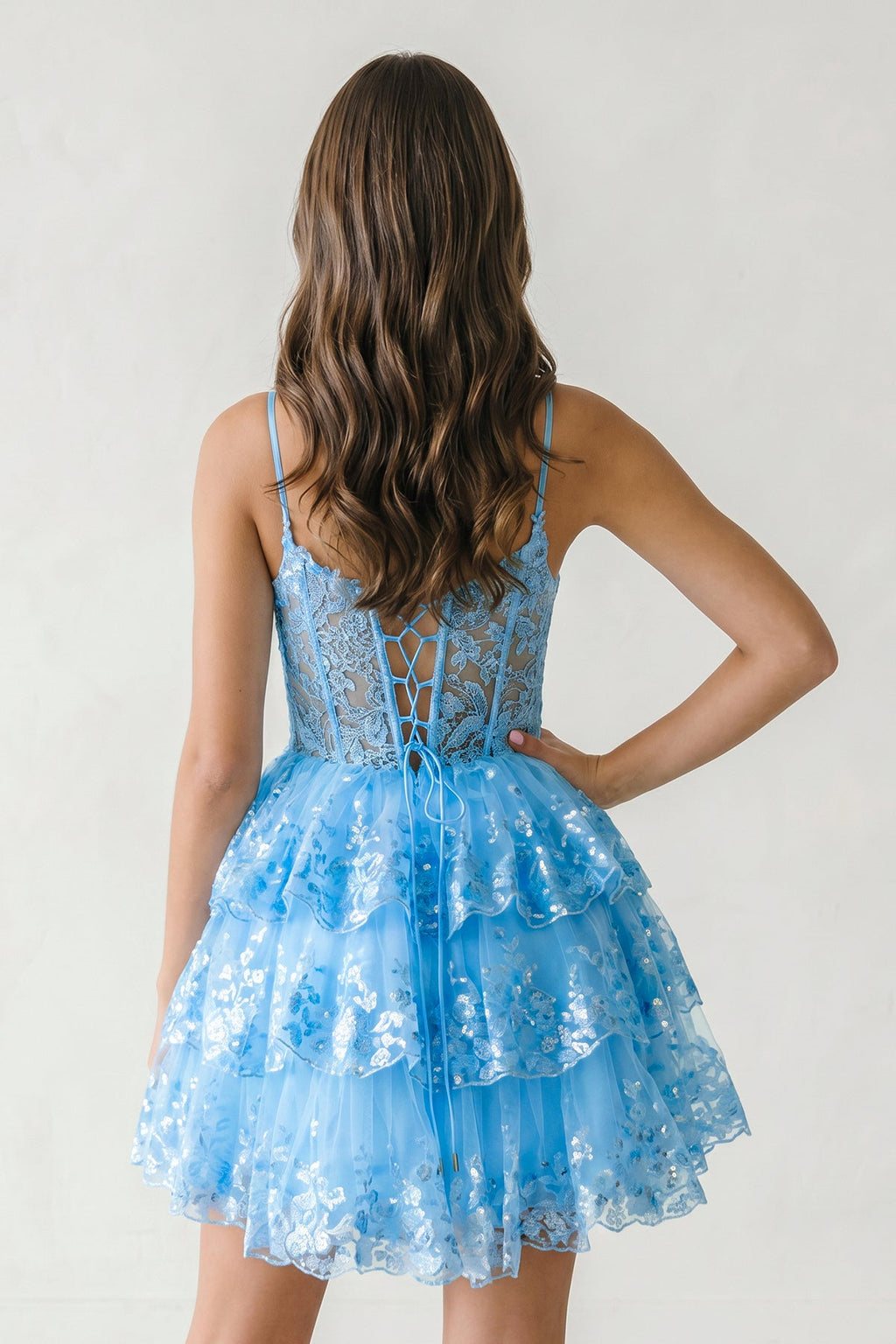 A- Line Sky Blue Sequins Multi-Layers Short Homecoming Dress - Curvevia