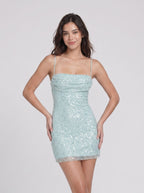 Blue Sequins Sheath Cowl Neck Criss-Cross Straps Short Dress with Draped Bodice - Curvevia
