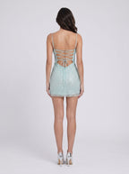 Blue Sequins Sheath Cowl Neck Criss-Cross Straps Short Dress with Draped Bodice - Curvevia