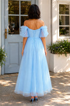 Shiny Tulle Off the Shoulder Light Blue Tea Length Wedding Guest Dress - Curvevia