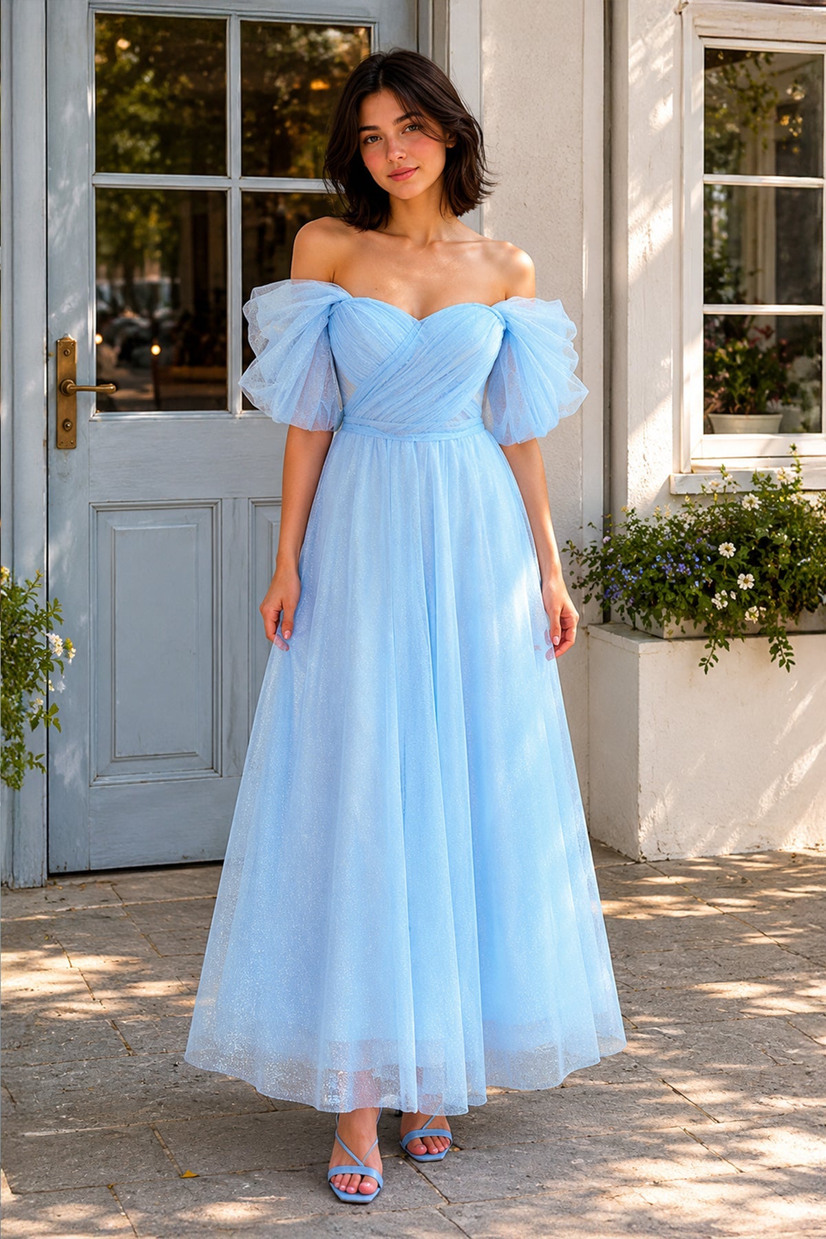 Shiny Tulle Off the Shoulder Light Blue Tea Length Wedding Guest Dress - Curvevia