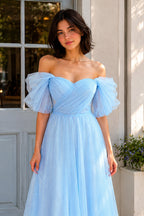 Shiny Tulle Off the Shoulder Light Blue Tea Length Wedding Guest Dress - Curvevia