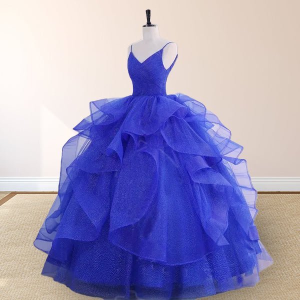 Royal Blue V Neck Tulle Quinceanera Dresses With Ruffles - Curvevia