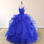 Royal Blue V Neck Tulle Quinceanera Dresses With Ruffles - Curvevia