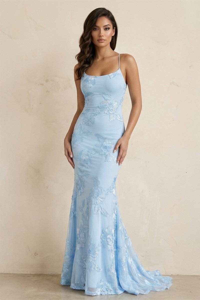 Sky Blue Spaghetti Straps Mermaid Tulle Long Prom Dresses With Appliques - Curvevia
