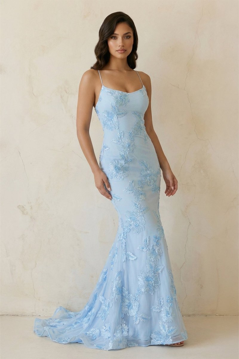 Sky Blue Spaghetti Straps Mermaid Tulle Long Prom Dresses With Appliques - Curvevia