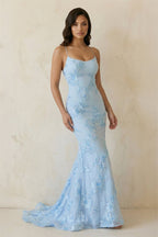 Sky Blue Spaghetti Straps Mermaid Tulle Long Prom Dresses With Appliques - Curvevia