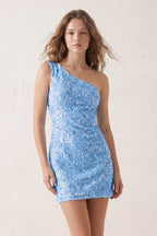 Blue Bodycon One Shoulder Sequins Mini Party Dresses - Curvevia