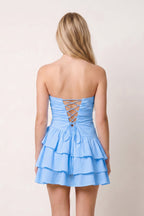 Blue - Strapless A Line Satin Ruffles Short Wedding Guest Dress - Curvevia