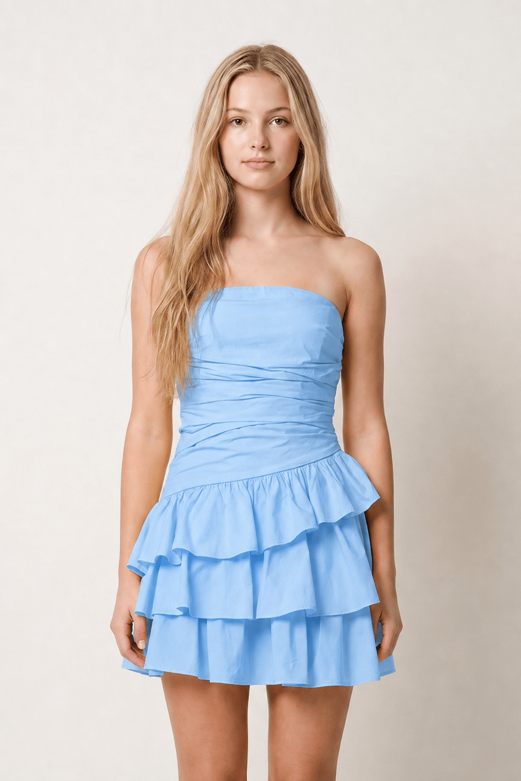 Blue - Strapless A Line Satin Ruffles Short Wedding Guest Dress - Curvevia