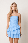 Blue - Strapless A Line Satin Ruffles Short Wedding Guest Dress - Curvevia
